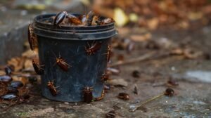 Roaches crawling around a black bucket, illustrating pest infestation relevant to Bugsy's Pest Solutions pest control guide for Lake Worth Beach residents.