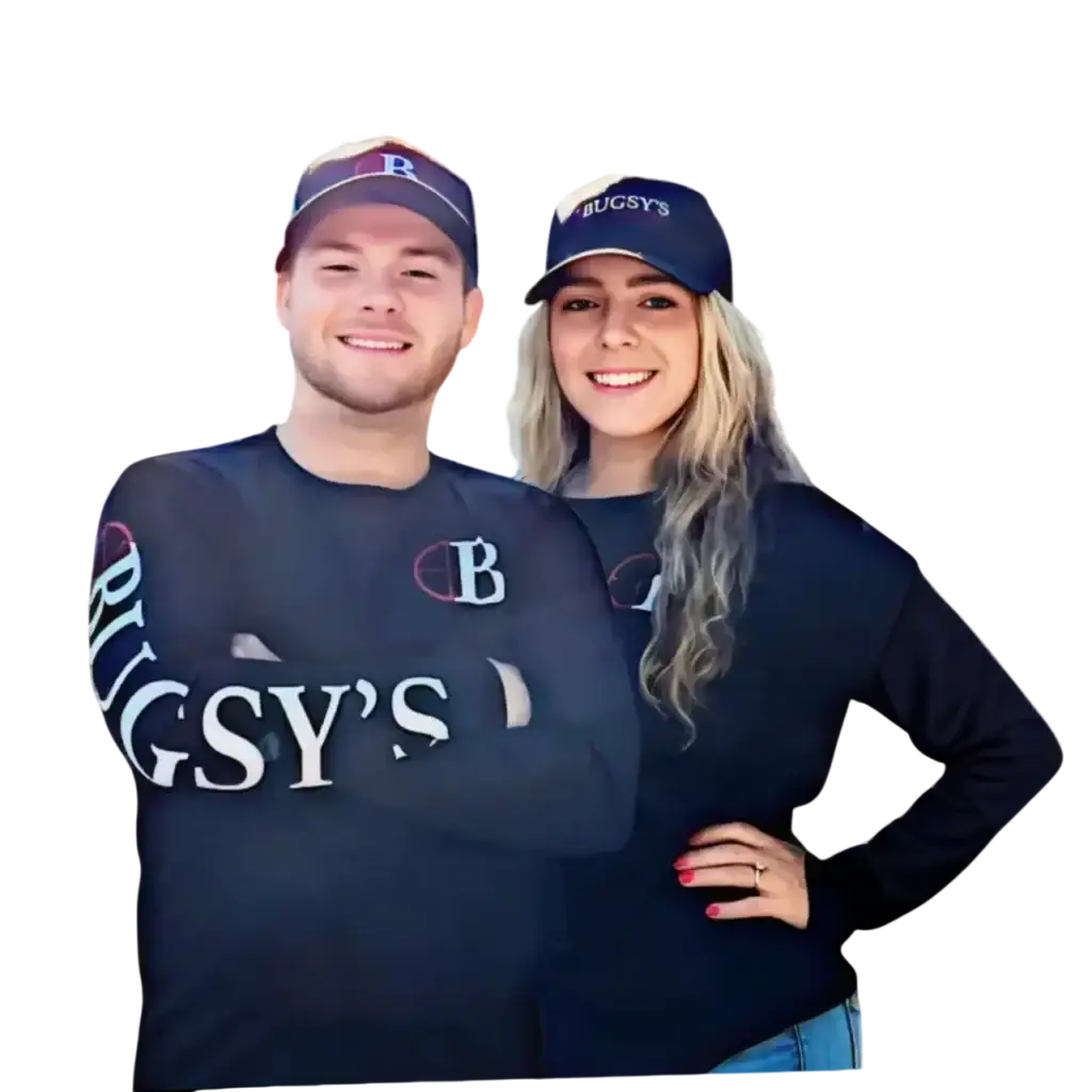 Team members of Bugsy's Pest Solutions wearing branded apparel, promoting pest control services in South Florida.