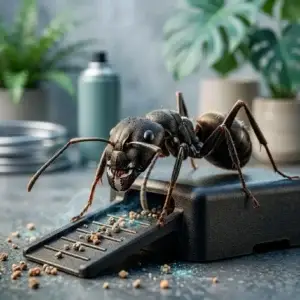 Close-up of a large black ant on a bait station, surrounded by pest control products, illustrating ant control solutions relevant to Bugsy's Pest Solutions in South Florida.
