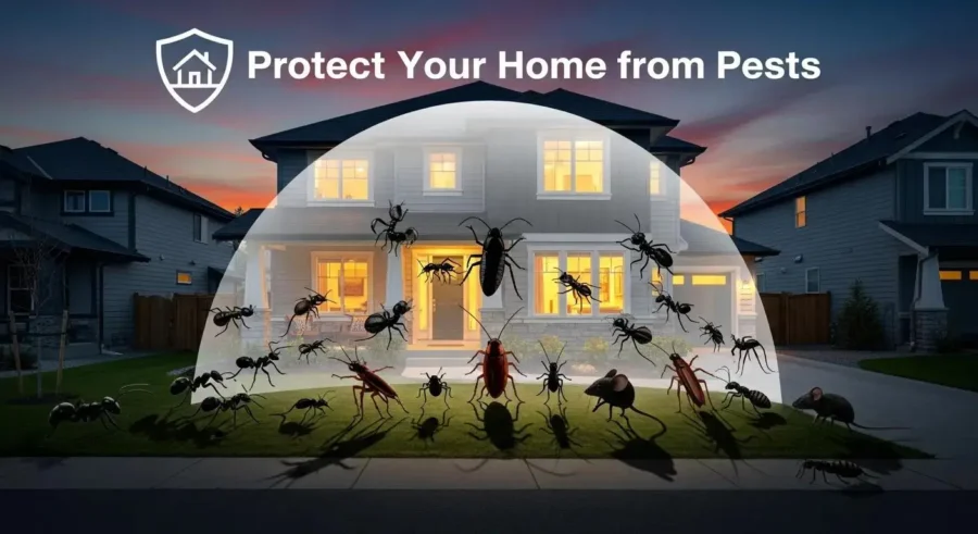 Protect Your Home from Pests graphic featuring a house surrounded by various pests like ants and roaches, emphasizing pest prevention for South Florida homes.