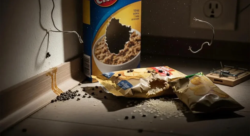 Rodent droppings, gnawed food packages, and a mouse trap near a damaged cereal box, indicating signs of rodent infestation in a home setting.