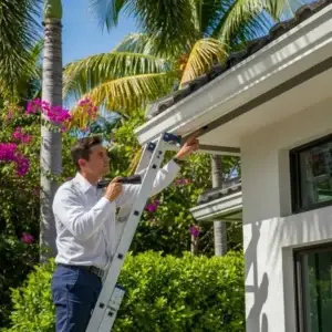 Technician inspecting home roof for pest control, surrounded by tropical foliage and flowers, representing Bugsy's Pest Solutions' services in South Florida.