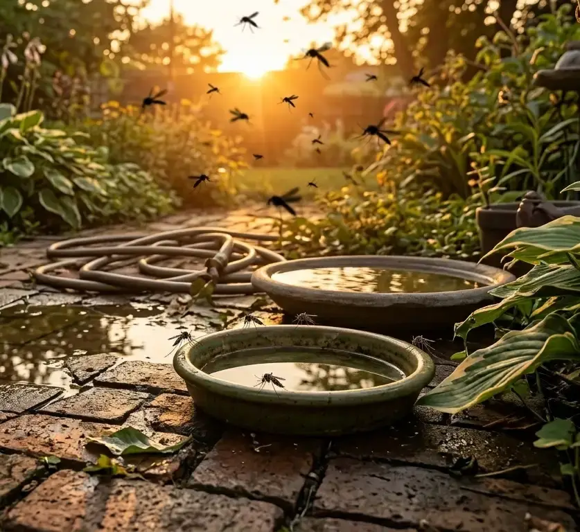 Mosquitoes swarming in a South Florida backyard at dusk