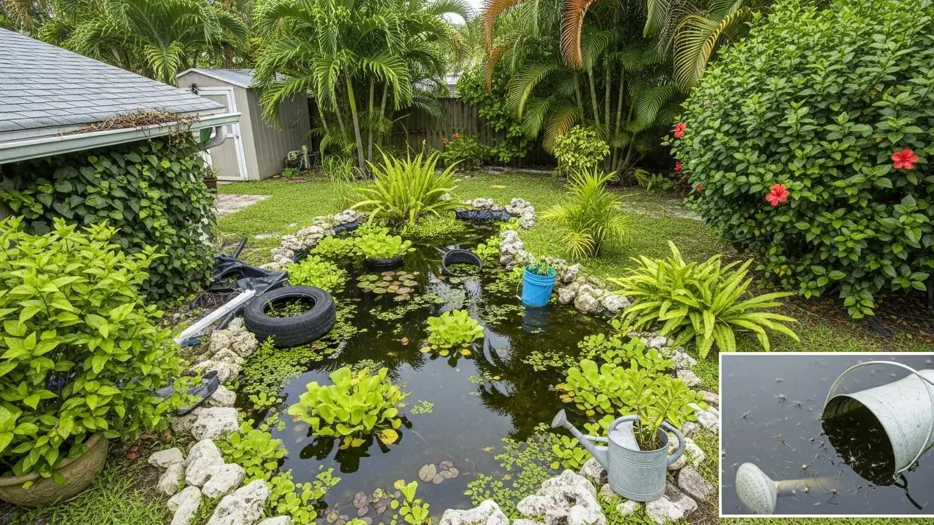 A backyard pond — prime mosquito breeding habitat
